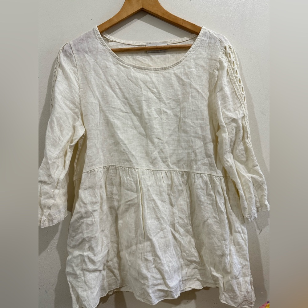 La contessa Relaxed Cream Linen Peasant Tunic - Lightweight Gathered Waist